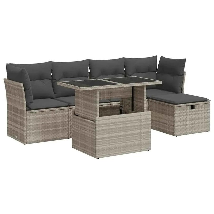 vidaXL 6-teilige Garten-Sofagarnitur aus Polyrattan in Grau mit Kissen und Couchtisch - Bild 2