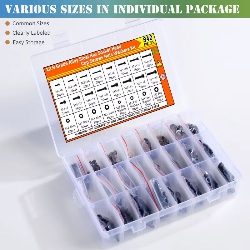BOVILEVR 840-teiliges Innensechskantschrauben- und Muttern-Set aus legiertem Stahl DIN 912 in Schwarz mit 4 Sechskantschlüsseln und Aufbewahrungsbox - Bild 4