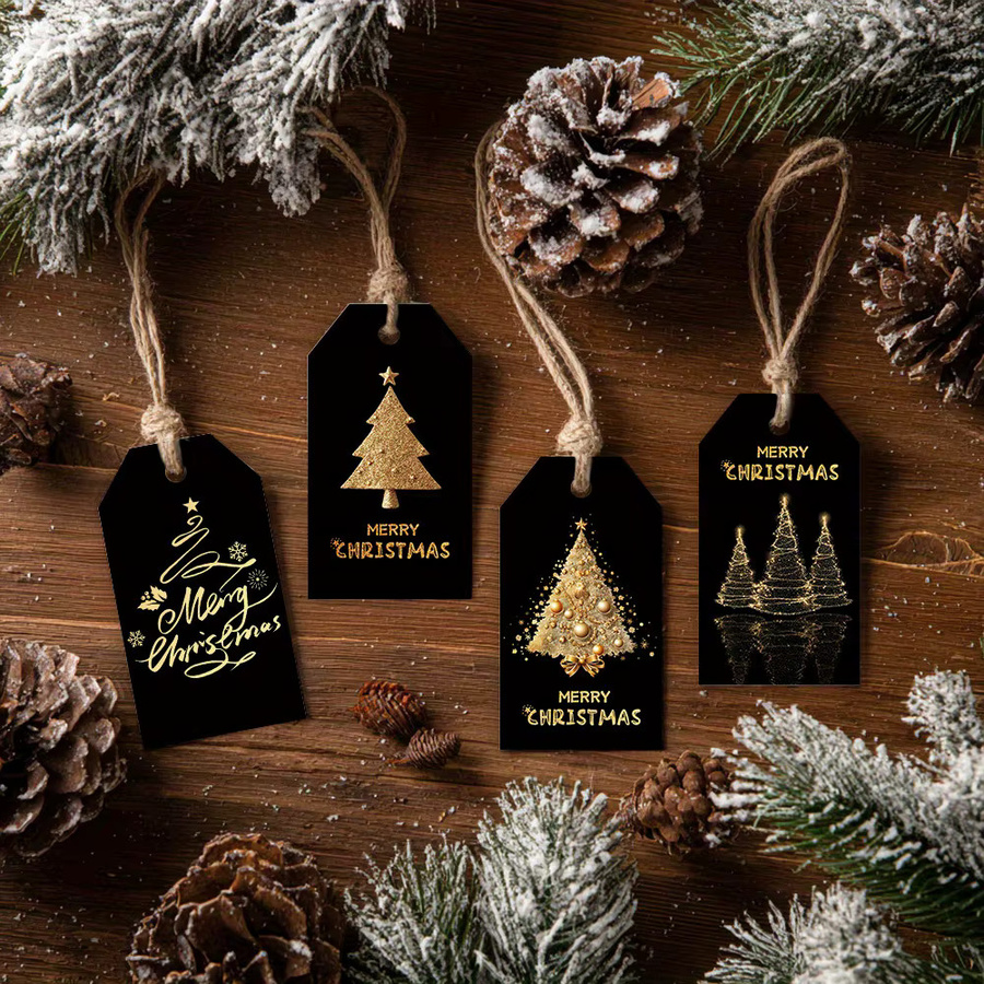 48 Stück Weihnachtsgeschenkanhänger in Schwarz und Gold mit Baumdesign und Hanfseil aus Papier - Bild 2