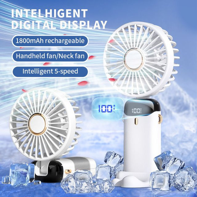 Tragbarer Mini-Ventilator von OIMG in Grün, faltbar mit 5 Geschwindigkeiten, USB-wiederaufladbar, mit Telefonständer und Display, 1800 mAh - Bild 1