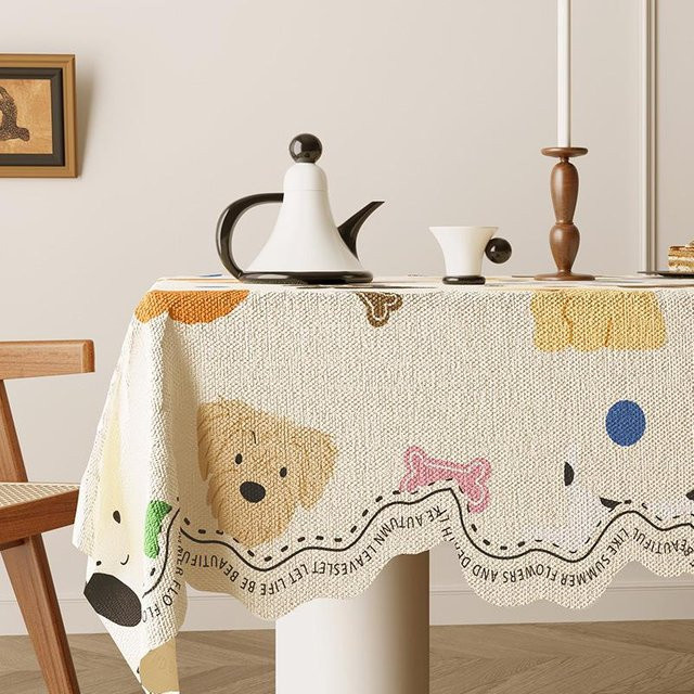 Unregelmäßige Tischdecke aus Baumwoll-Leinen mit Cartoon-Muster von JMG Household Supplies, wasserabweisend und hitzebeständig, Mehrfarbig, B/T/H: 90 x 90 x 1 cm - Bild 1
