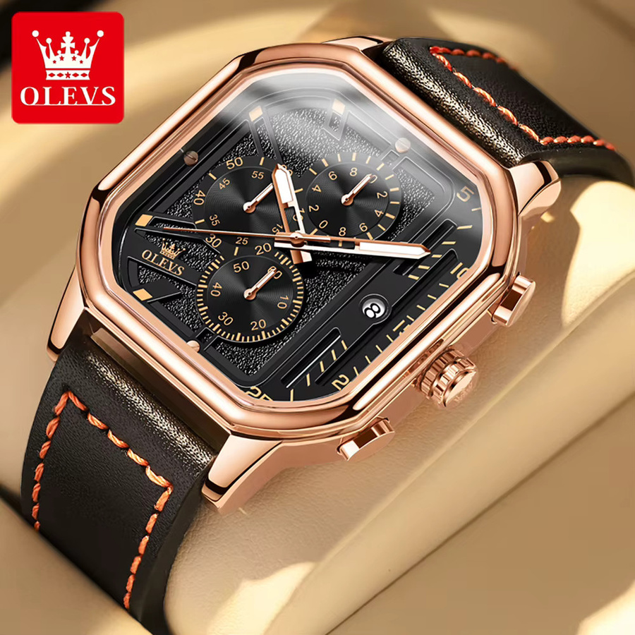OLEVS Chronograph, Armbanduhr, Leder, Roségold, Schwarz, Herren - Bild 2