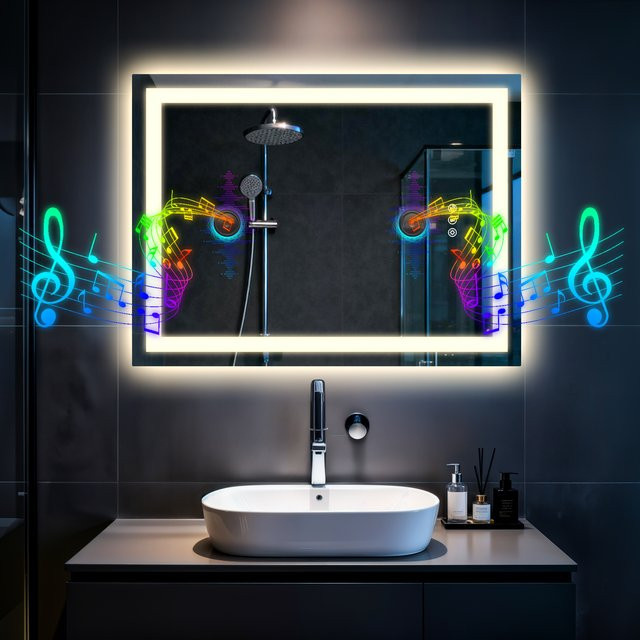 LED-Badezimmerspiegel von BORWART aus gehärtetem Glas mit Bluetooth, 3 Farben dimmbar und Lichtspeicher, Weiß - Bild 1