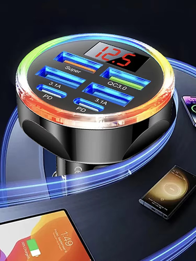 UYUXIO 6-in-1 USB-C Autoladegerät mit Spannungsanzeige und Voltmeter in Schwarz - Bild 6