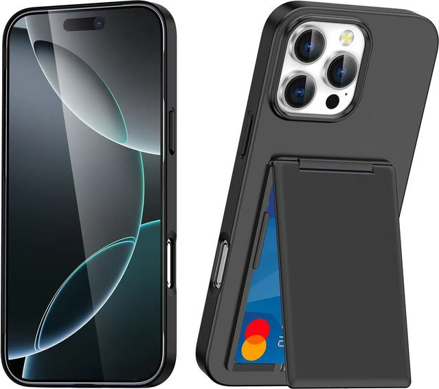 JNXIYN Luxus Falt-Handyhülle mit Kartensteckplatz und Halterung für iPhone 16 15 14 13 12 11 Pro Max Plus, Farbe: Schwarz oder Transparent - Bild 1