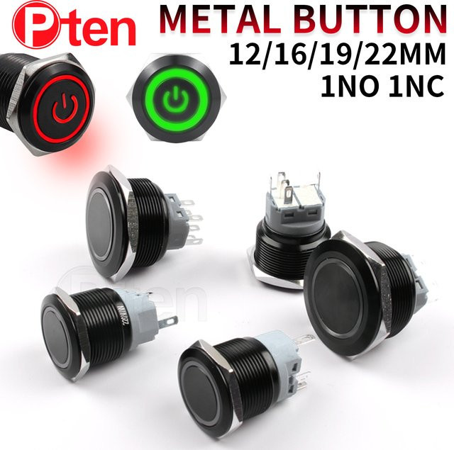 HUSA Druckschalter aus Metall mit LED-Licht, wasserdicht, Schwarz/Grün, erhältlich in 12mm, 16mm, 19mm oder 22mm - Bild 1