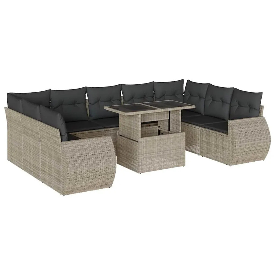 vidaXL 10-tlg. Garten-Sofagarnitur in L-Form aus Polyrattan mit Kissen in Hellgrau - Bild 2