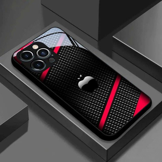 Schwarze Handyhülle aus Kohlefaser mit Apple-Muster für iPhone 17 16 15 14 13 12 11 Pro Max und weitere Modelle - Bild 1