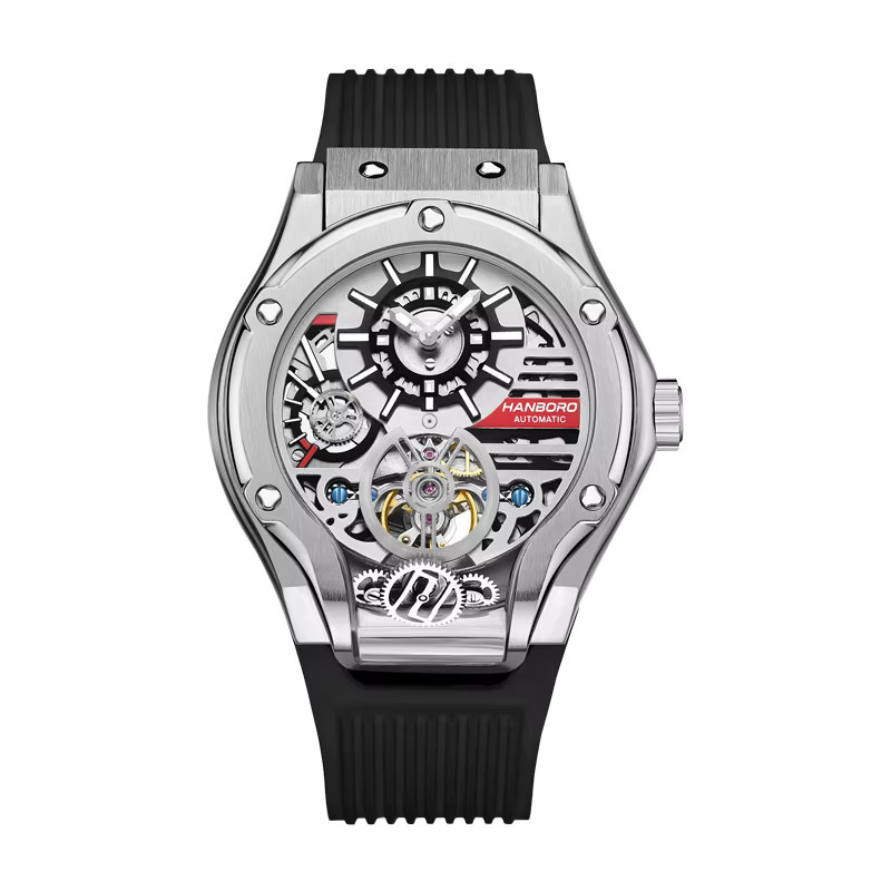 HANBORO Automatik Armbanduhr, Edelstahl, Silber, Silikon, Herren - Bild 5