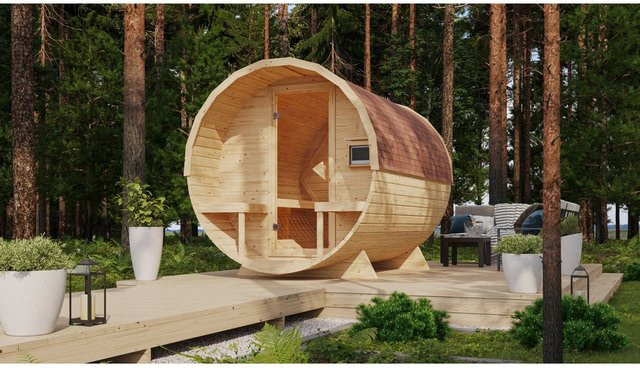 Karibu Fass-Sauna Set aus nordischer Fichte in Braun mit 9 kW Ofen und externer Steuerung - Bild 1
