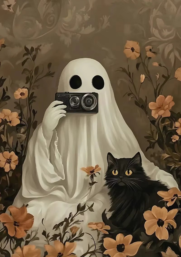 Potdemiel Retro-Leinwandgemälde für Halloween und Herbst mit süßem Geist, Kürbis und schwarzer Katze in Mehrfarbig - Bild 2