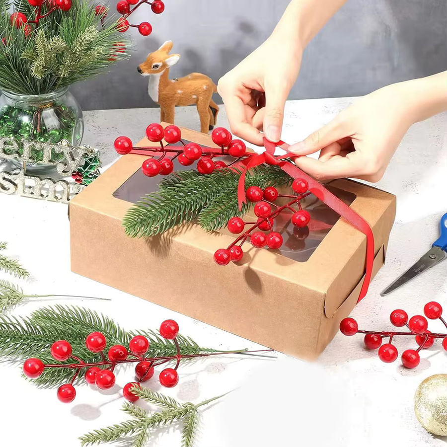 XIAOYINMO Künstliche Stechpalmen mit roten Früchten für Weihnachten und Hochzeitsdekoration, 10 Stück, Rot - Bild 2