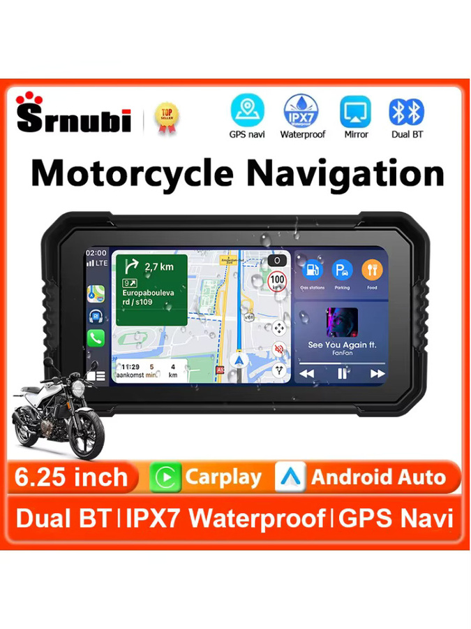 srnubi Tragbarer 6,25 Zoll Motorrad DVR mit Carplay, IPS-Touchscreen, GPS-Navigation und TPMS-Unterstützung, Schwarz, IPX7 wasserdicht - Bild 5