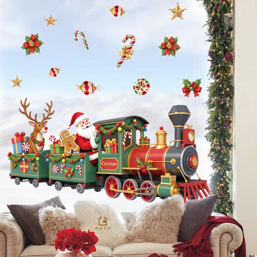 BRUP Weihnachtsmann-Zug Wandaufkleber mit Candy und Stechpalme, selbstklebend und abnehmbar, Mehrfarbig - Bild 3