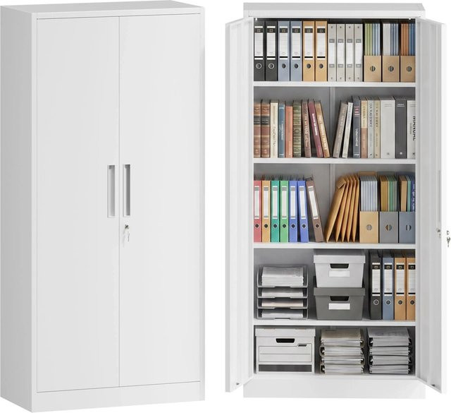 Wiltec Aktenschrank aus Metall in Weiß mit abschließbaren Türen und verstellbaren Regalböden, B/T/H: 78 x 39 x 170 cm - Bild 1