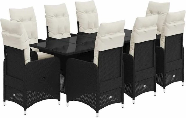 vidaXL 9-teiliges Garten-Bistro-Set aus Poly-Rattan in Schwarz mit Kissen und Hartglas-Tischplatte - Bild 1