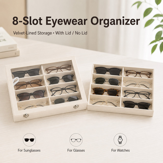 Meltset Sonnenbrillen-Aufbewahrungsbox mit 8 Fächern aus Samt in Beige als Brillenorganizer und Schmuckhalter für Schublade oder Schrank - Bild 1