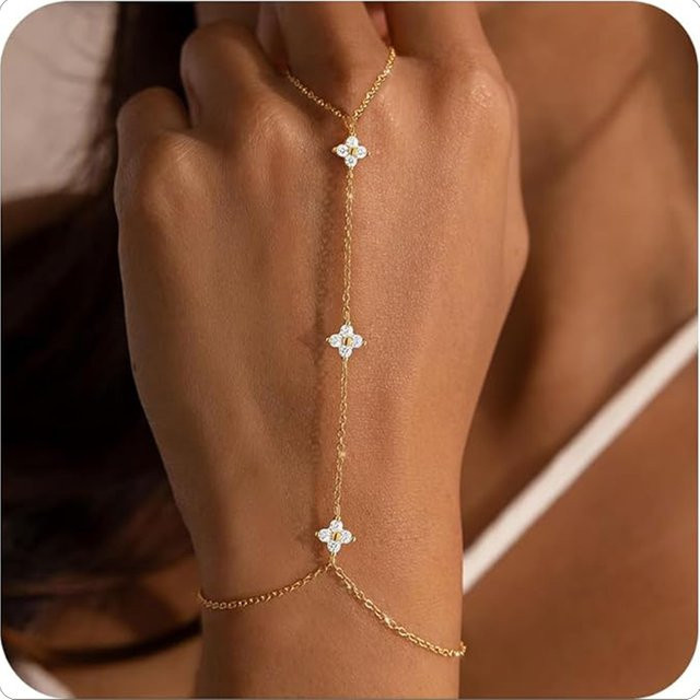 Lucky Leaf Fingerring-Armband, 14 Karat vergoldet, Zirkonia, Damen - Bild 1