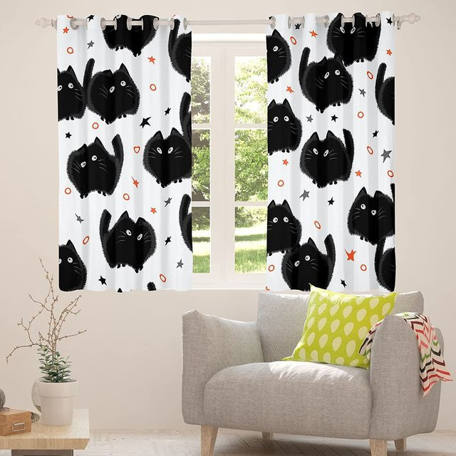 Niedliche Katzen-Fenstervorhänge im 2er-Set mit Haken, halbtransparentes Design für Kinderzimmer und Wohnzimmer, Farbe: Weiß, B: 55 cm, H: 120 cm - Bild 1