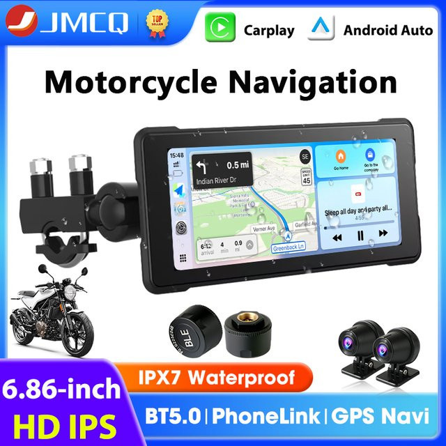JMCQ Motorrad CarPlay Bildschirm mit 6,86 Zoll Display, GPS-Navigation, kabelloses Android Auto, IPX7 wasserdicht, Dual-Bluetooth, DVR und TPMS, Schwarz - Bild 1