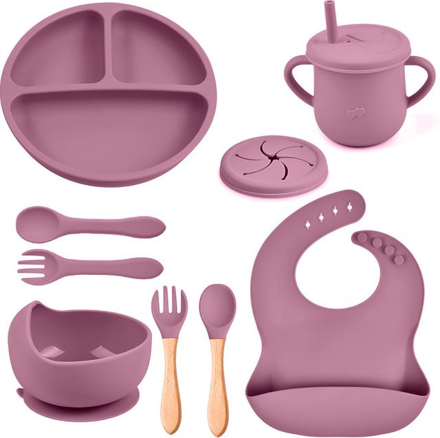 8-teiliges Baby-Fütterungsset mit wasserdichten Lätzchen, Antirutsch-Essteller, Saugschüssel, Löffel und Becher für Kinder, waschbar - Bild 1