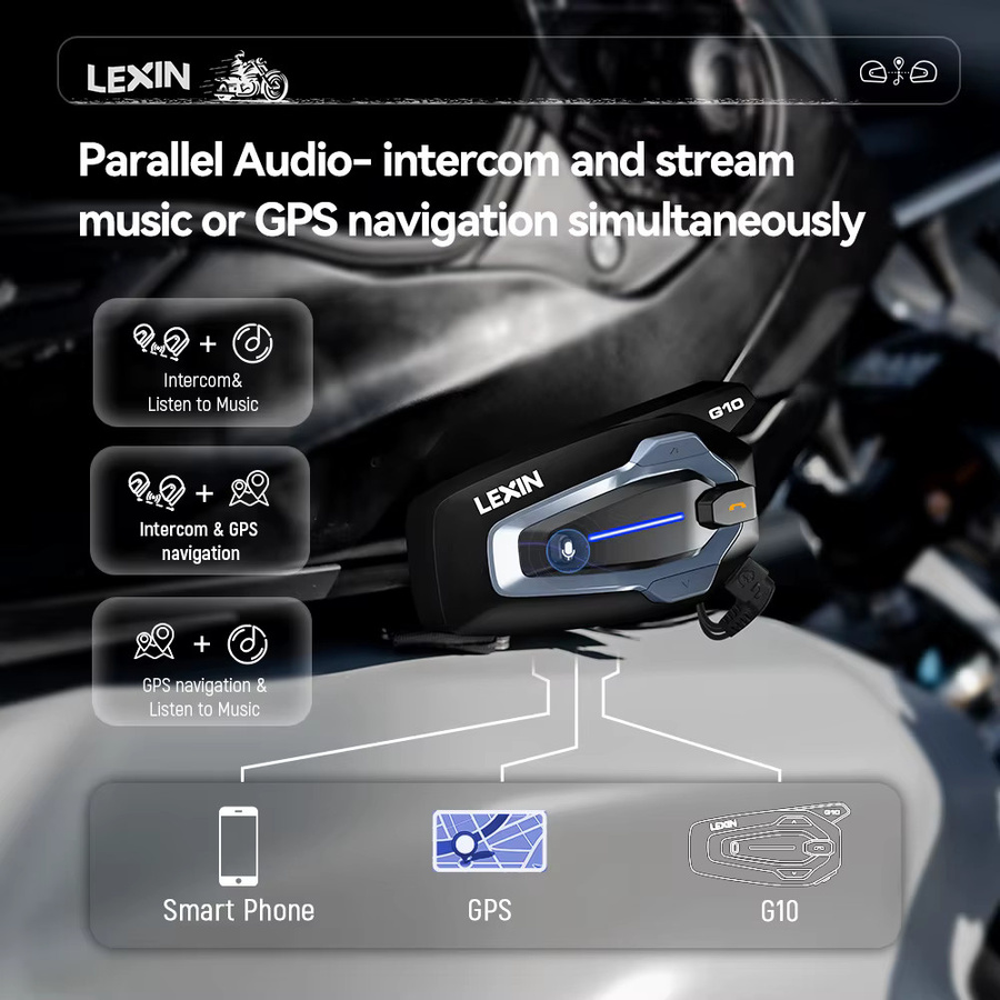 LEXIN NEW-LEXIN G10 Motorradhelm-Intercom mit Dual-Qualcomm Bluetooth 5.1 für 8 Fahrer, inklusive parallelem Audio-Intercom und Musik-Streaming, Schwarz - Bild 3