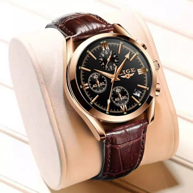 LIGE Chronograph, Quarzuhr, Leder, Schwarz, orange, Herren - Bild 1