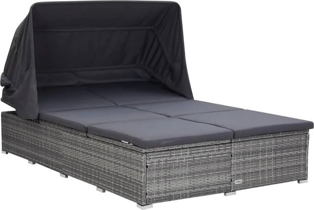 vidaXL 2-Personen-Sonnenliege aus Poly Rattan mit Sonnenbaldachin und Auflage in Grau - Bild 1
