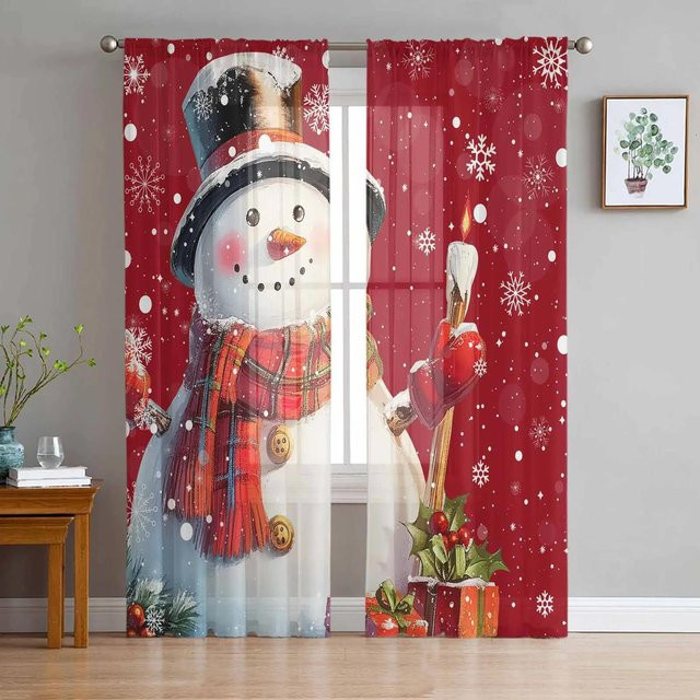 Weihnachts Vorhang mit Schneemann und Schneeflocken in Rot und Weiß, transparenter Tüll-Voile für Wohnzimmer und Küche, Breite: 135 cm, Höhe: 115 cm - Bild 1