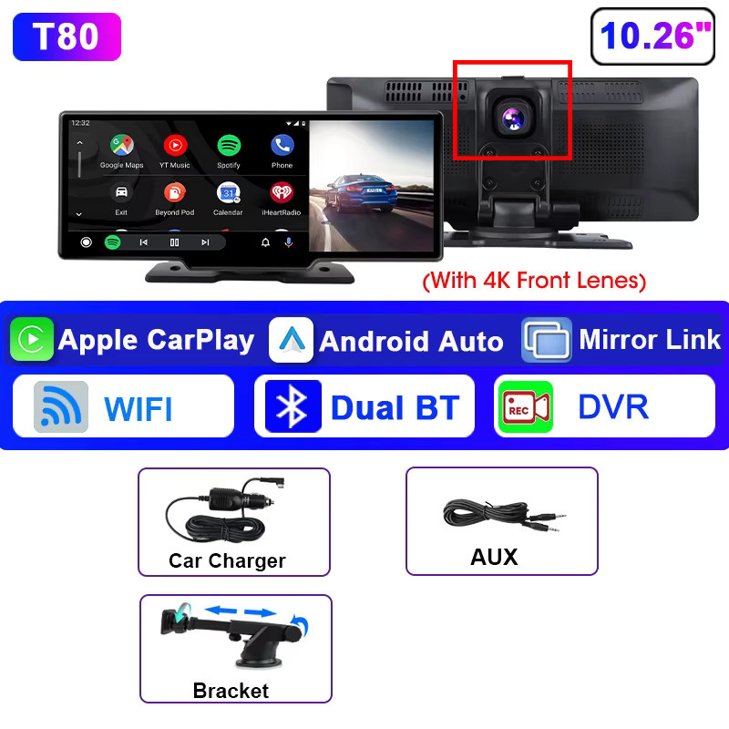 Srnubi Dash Cam Rückspiegel mit 10,26 Zoll Display, 4K DVR Navigation Player mit Wireless CarPlay & Android Auto, Dual Len Recorder, WIFI 5.0 & Bluetooth, Schwarz - Bild 6