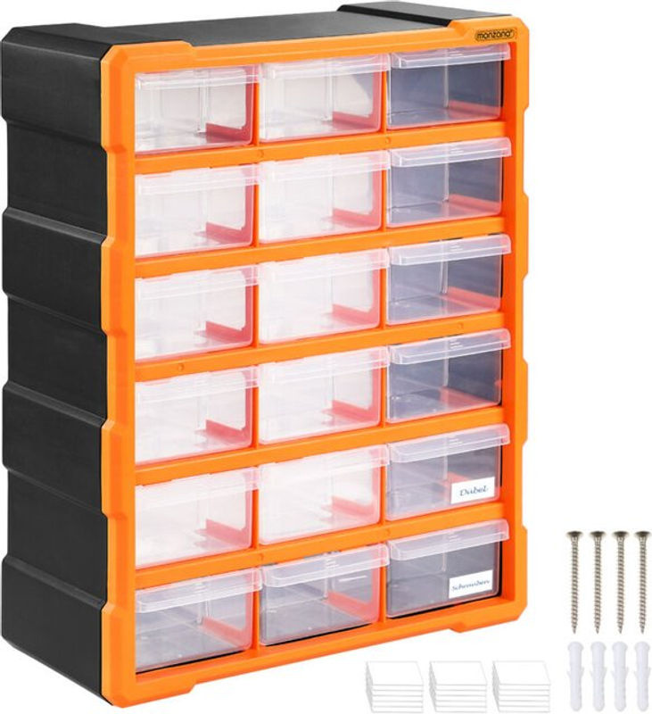 MONZANA Sortimentskasten aus Kunststoff mit 18 Fächern, Grau/Orange/Transparent, B: 47,5 cm, T: 38 cm, H: 16 cm - Bild 2