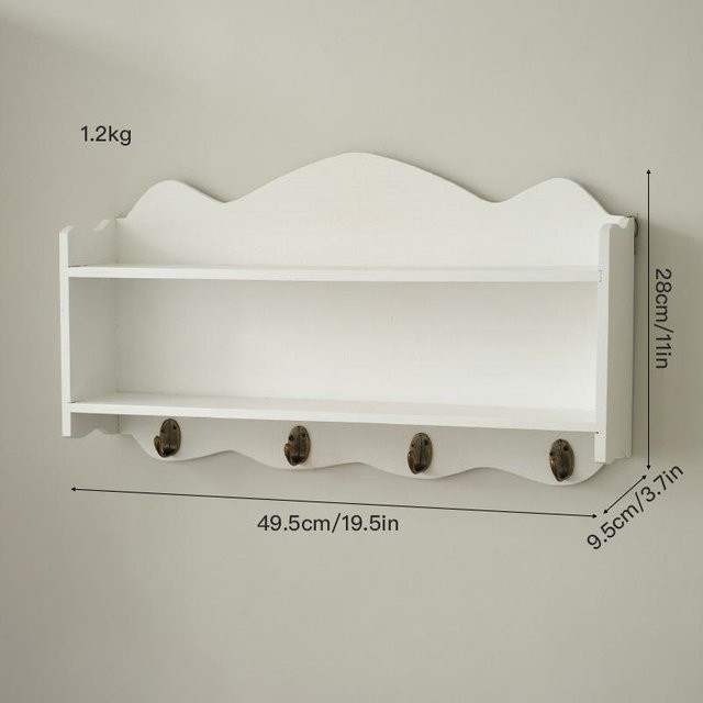 Bloom Play Wandregal im Zakka Stil aus Kiefernholz mit Haken, doppellagiges Aufbewahrungsregal in Weiß - Bild 1