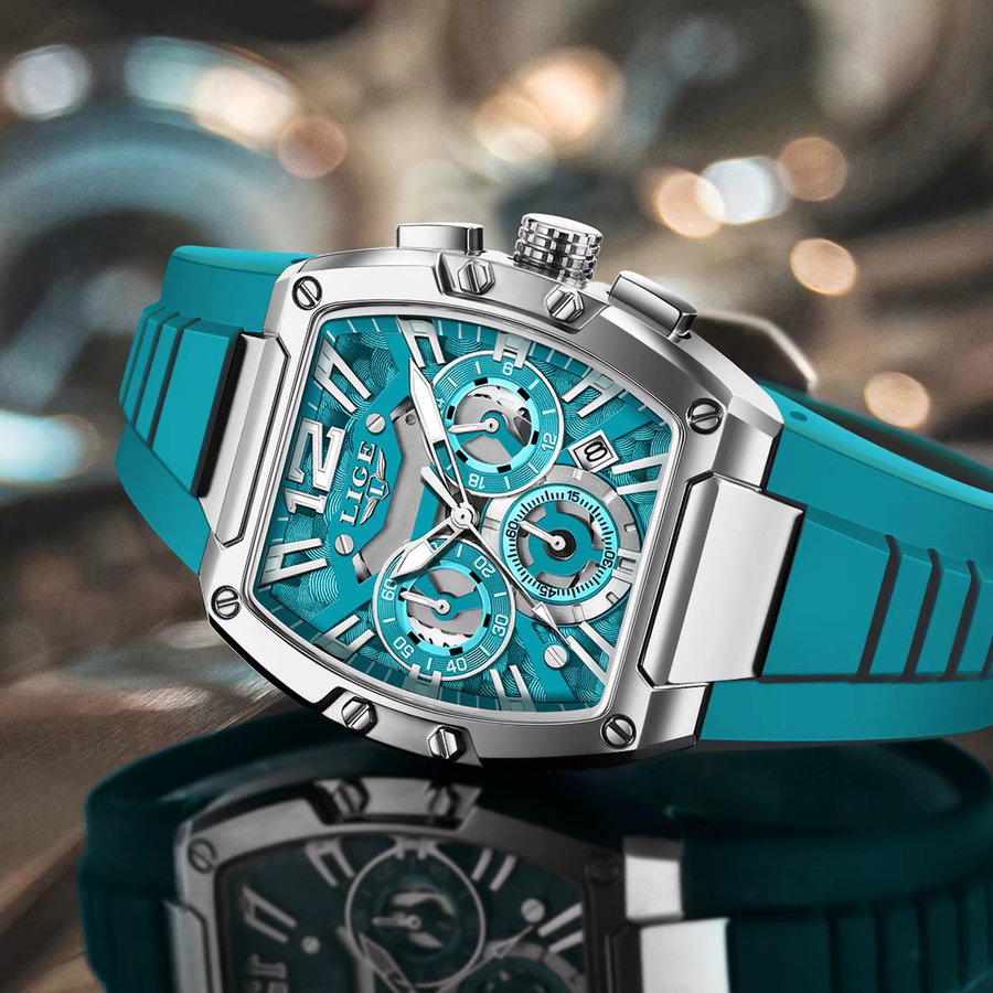 LIGE Chronograph Armbanduhr, Tonneau, Quarz, Silikon, Schwarz, Herren - Bild 3