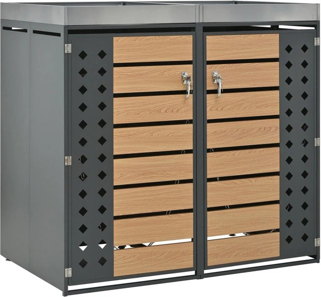 PXloue Mülltonnenbox mit Pflanzkasten und 2 Fächern in Grau, Holzoptik, abschließbar und belüftet aus verzinktem Stahl, H x B x T: 124 x 132 x 42 cm - Bild 1