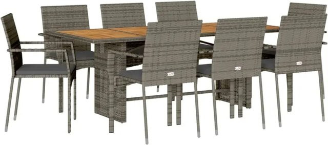 vidaXL 9-teilige Garten-Essgruppe aus Akazienholz und grauem PE-Rattan mit Kissen - Bild 1
