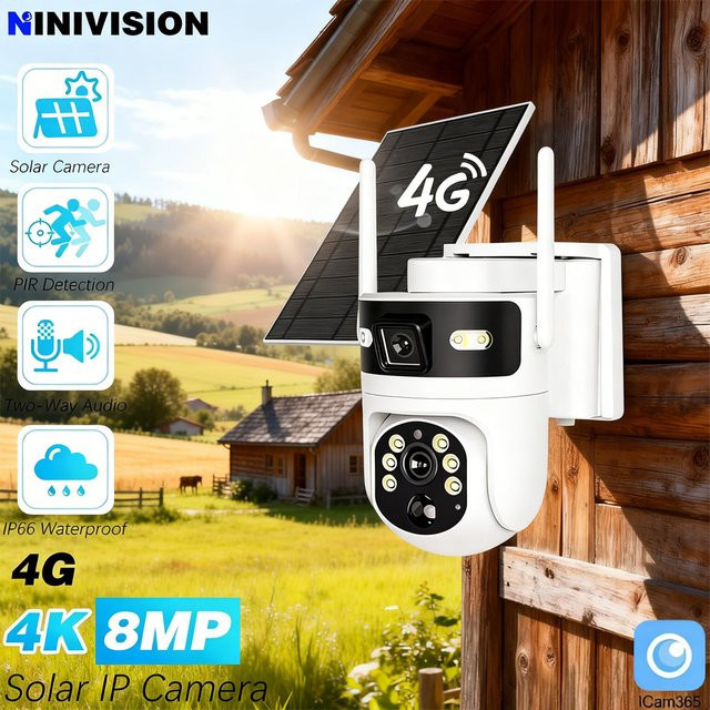 NINIVISION 4G Solarüberwachung PTZ IP-Kamera mit 4K 8MP Auflösung, ICam365 Smart Security, Zwei-Wege-Audio, PIR-Erkennung und Vollfarb-Nachtsicht in Weiß - Bild 1
