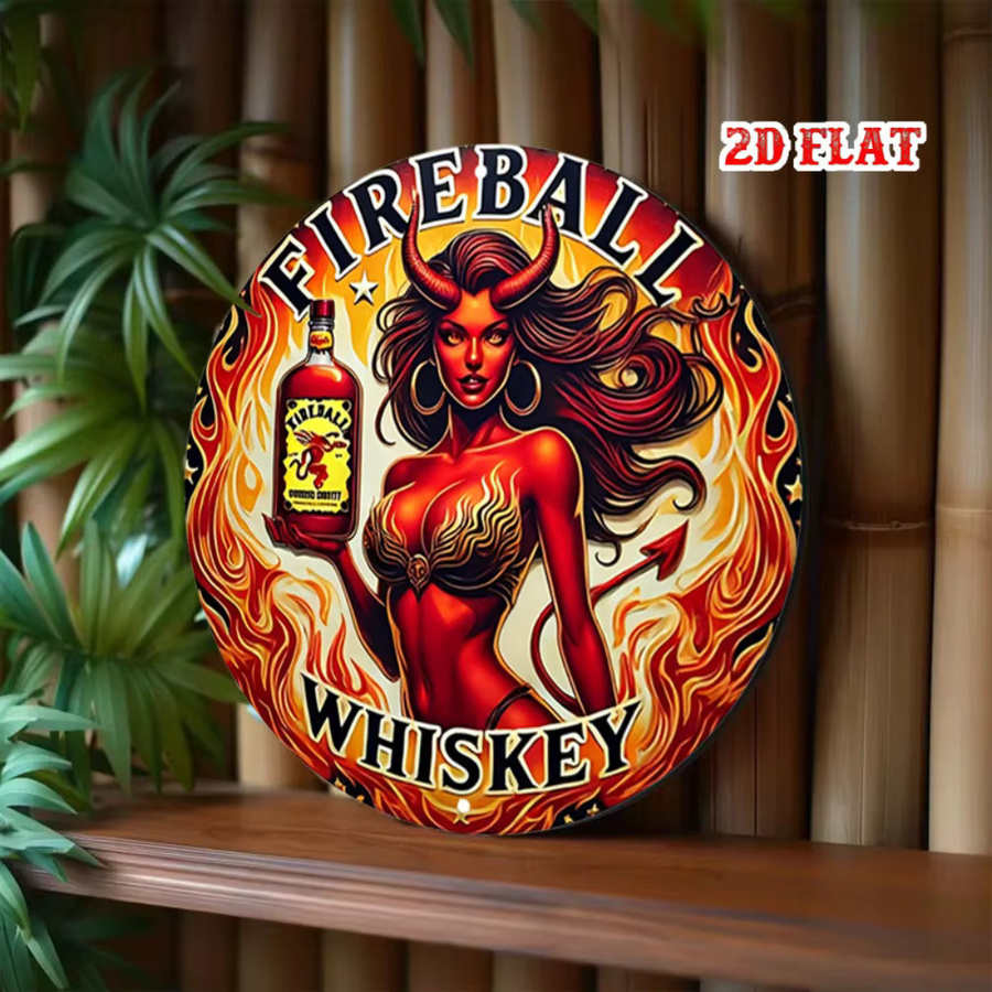 CIFBUY Vintage Pin-Up Art Metallschild mit rothaariger Teufelsfrau und Whisky-Flasche, rund, Mehrfarbig, Durchmesser: 20 cm - Bild 5