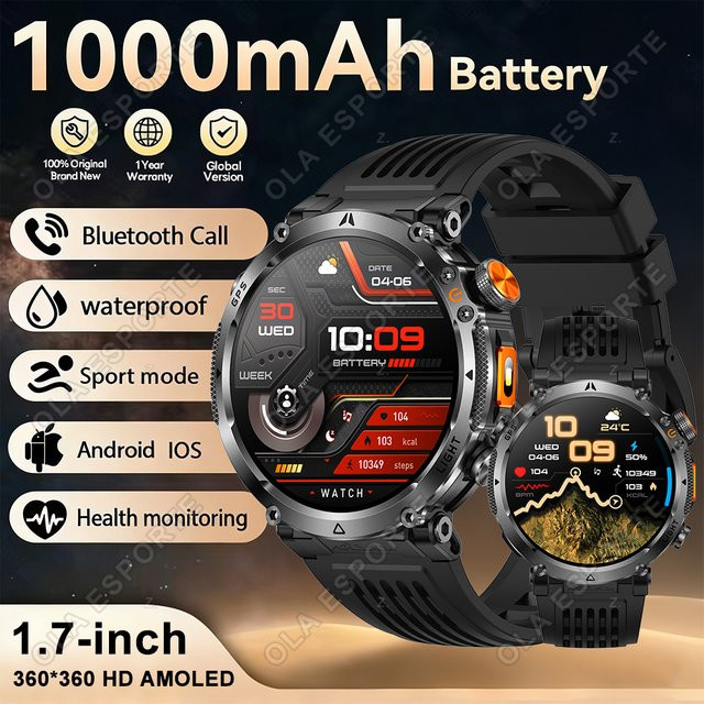 Ola Esporte Herren Smartwatch für Outdoor und Militär mit 1,7 Zoll HD-Display, Bluetooth-Anruffunktion, 1000mAh Akku und 3ATM Wasserdichtigkeit in Schwarz oder Blau - Bild 1
