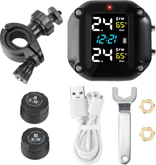 YJMP Auto Parts Moto M5 Motorrad-Reifendrucküberwachung mit digitalem Display und Bluetooth, drahtloses Alarmsystem mit 2 externen Sensoren, Schwarz - Bild 1
