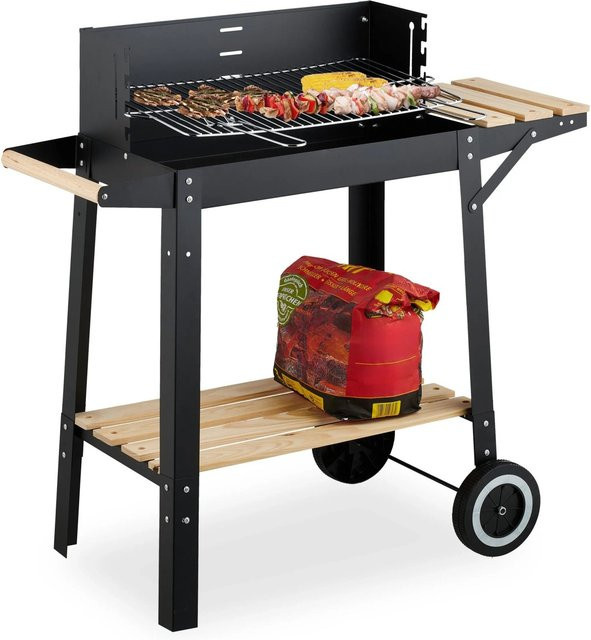 Relaxdays Grillwagen aus Stahl und Kiefernholz in Schwarz und Natur, fahrbarer Holzkohlegrill mit Ablagen, B/T/H: 86 x 80,5 x 42 cm - Bild 1
