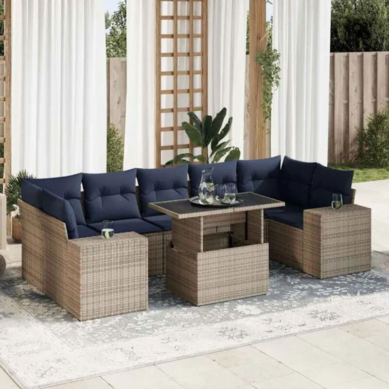 8-tlg. Garten-Sofagarnitur aus Poly-Rattan und Akazienholz in Grau mit Kissen von vidaxl - Bild 1