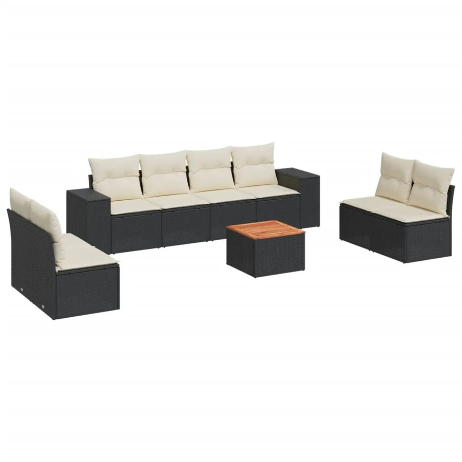 vidaXL 9-tlg Garten-Sofagarnitur in U-Form aus Polyrattan und Akazienholz mit Kissen in Schwarz - Bild 2