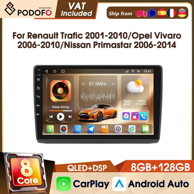 Podofo 2Din Android Autoradio mit 10 Zoll Display, 8 Kerne, 128 GB Speicher, WiFi, GPS, Carplay und Android Auto für Renault Trafic 2001-2010, Opel Vivaro 2006-2010 und Nissan Primastar 2006-2014, Schwarz - Bild 1