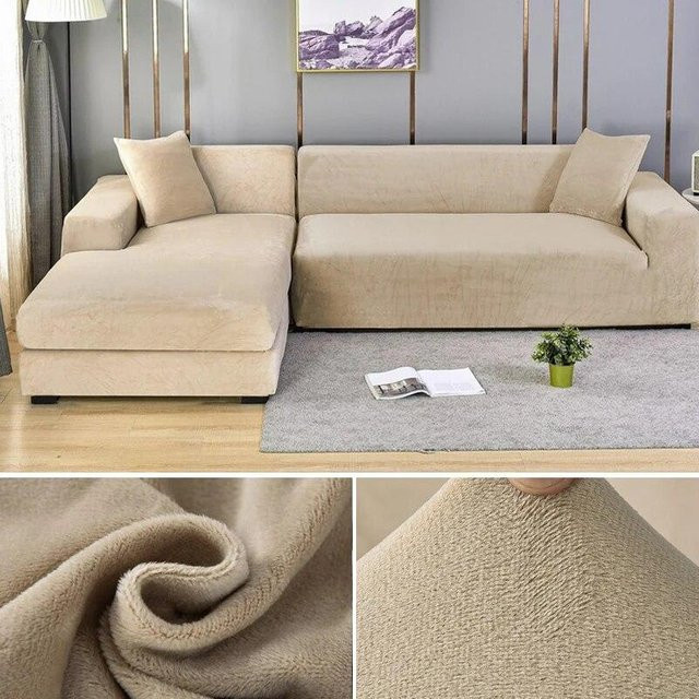 Elastischer Samt-Sofabezug für Ecksofas in Beige, Stretchbezug für 1- bis 4-Sitzer und L-förmige Sofas - Bild 1