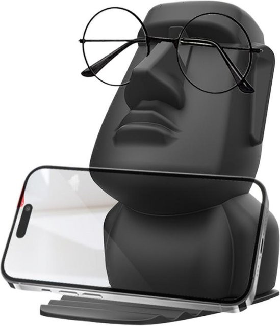 Moai-Statue aus Kunstharz als 3-in-1 Schreibtisch-Organizer in Schwarz für Handy und Brille - Bild 1