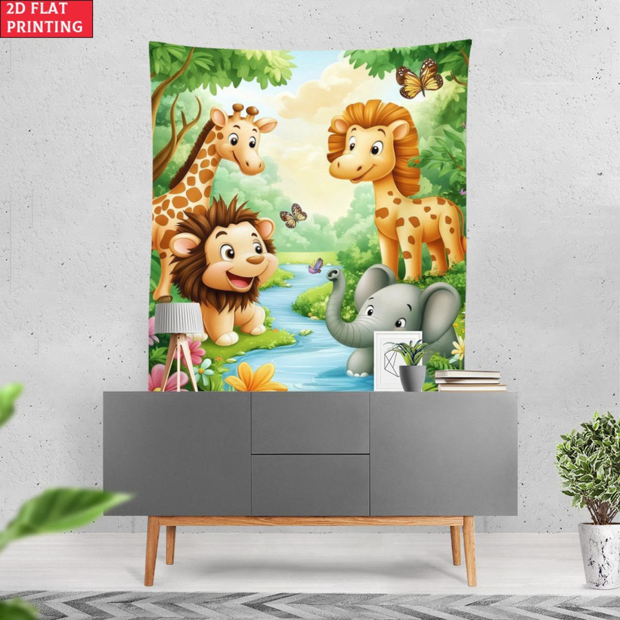 JMG Household Supplies Wandteppich mit Cartoon Dschungeltieren für das Kinderzimmer, Design mit Löwe, Elefant und Giraffe, Mehrfarbig, Breite: 70 cm, Höhe: 100 cm - Bild 2