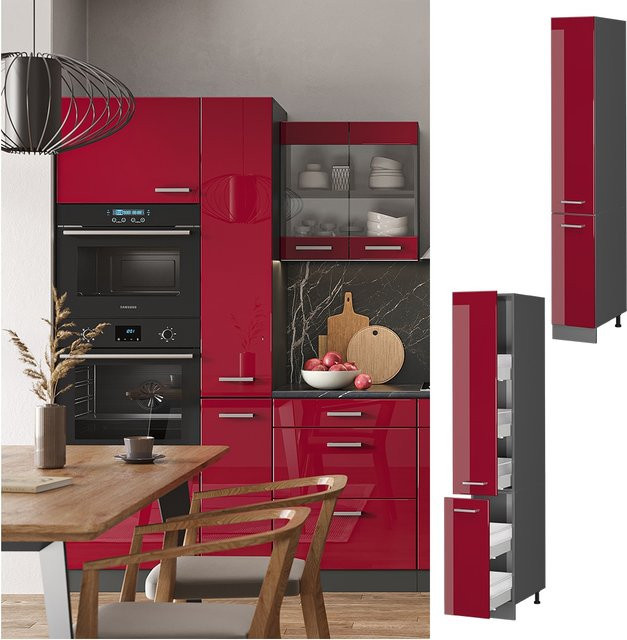 Vicco Apothekerhochschrank R-Line Küchenschrank in Anthrazit und Bordeaux Hochglanz, Breite: 30 cm, Höhe: 207 cm, Tiefe: 57,2 cm - Bild 1