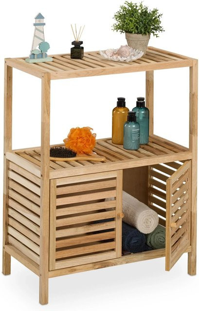 Relaxdays Badregal aus Walnussholz Natur mit 2 Ablagen und Schrankfach, B/T/H: 86 x 67,5 x 35,5 cm - Bild 1