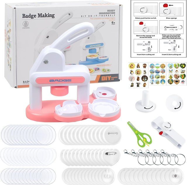 3-in-1 Button Maker Maschine in Weiß für runde und Herz-Magneten sowie DIY-Pin-Abzeichen mit 36 Mustern - Bild 1