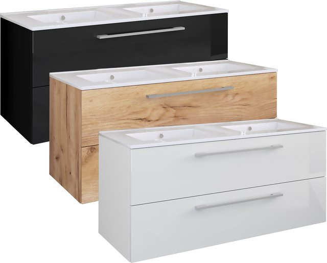 VCM Badmöbel Set Budasi Doppel Waschplatz in Weiß mit 2 Keramik Waschbecken und Unterschrank mit zwei Schubladen, H x B x T: 51 x 112 x 46 cm - Bild 1